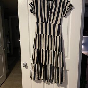 Zara Black and Cream Striped Midi Dress
